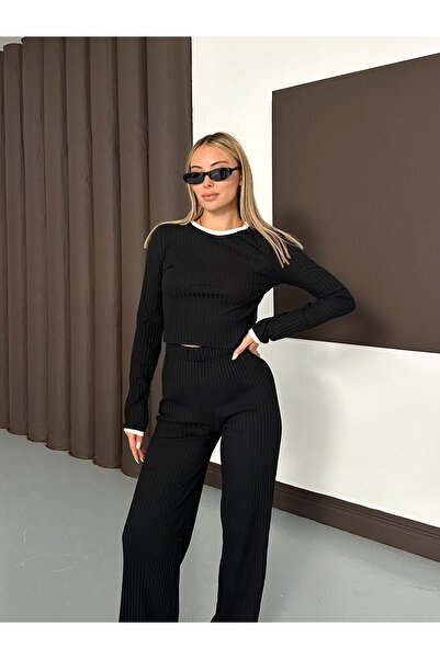 Paraf style Ribbed crop blouse and high-waisted wide leg pant set