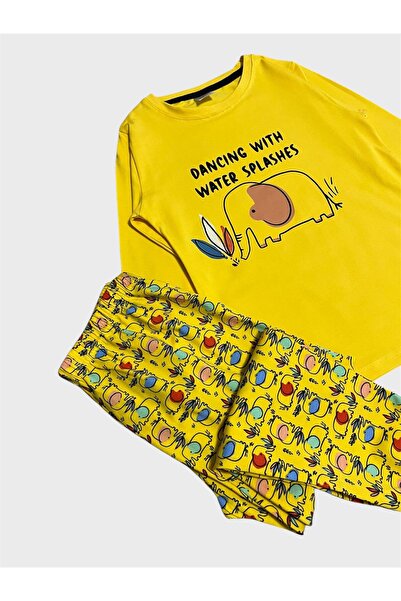 elmas kids Erkek Çocuk Pamuklu Sarı Fil Desenli Mevsimlik Uzun Kollu Pijama Takımı