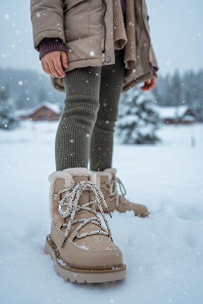 JOJO KIDS Kız Çocuk Fermuarlı krem Deri kar botu , İçi Sıcak Polar Astarlı Bot , Dişli Kaymaz Taban