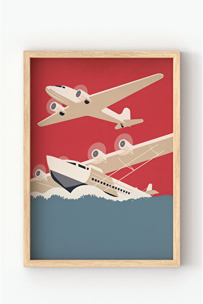 MIOVI Ahşap Çerçeveli Vintage Uçak Posteri – Retro Havacılık Temalı Duvar Tab...