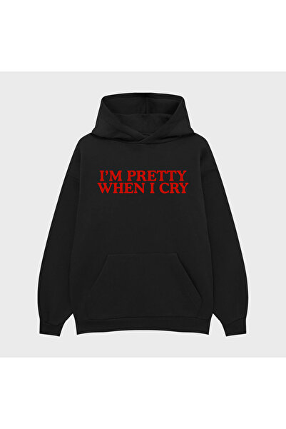 TRAGEDY سويت شيرت بقلنسوة مطبوع عليه عبارة I'm Pretty When I Cry للجنسين مكون...