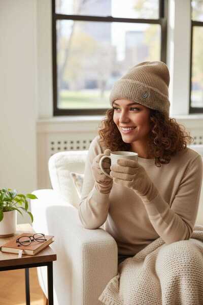 Aware Time قبعة نسائية من الصوف الناعم مع بطانة من الفرو