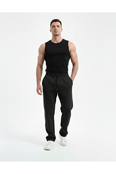 Sizce Moda Μαύρο παντελόνι με φαρδύ πόδι με 3 κλωστές, με τσέπες, χειμερινό βαμβακερό χτενισμένο εσωτερικό φλις, άνετο