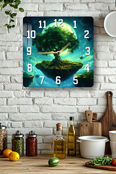 kutuTR Floating Tree Themed Tempered Glass Square Clock 33X33 cm Size Uv Printing - Kcs001