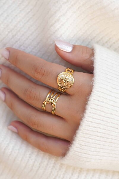 TREND COLLECTİON خاتم نسائي من الفولاذ قابل للتعديل بلون ذهبي (قطعتان)