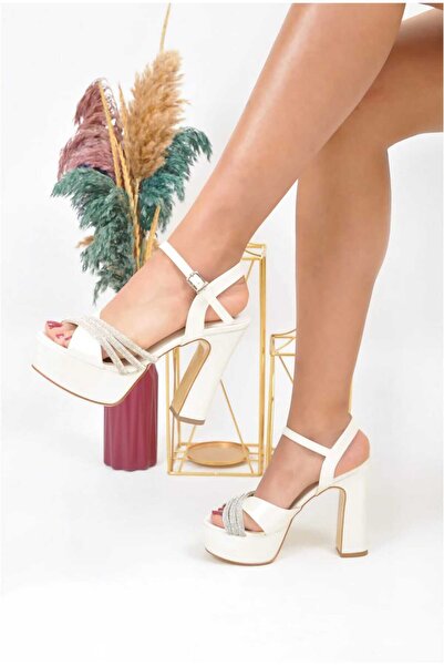 Parparastil Keiry Ecru Satin Stone Detailed Women's Evening Dress Heeled Shoes