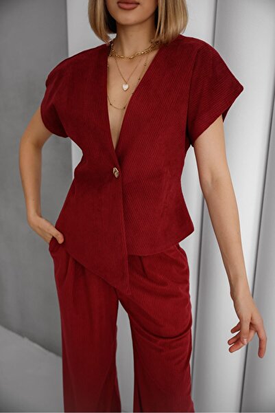 EsSo butik Women's Corduroy V-Neck Short-Sleeved Asymmetrical Blouse Vest