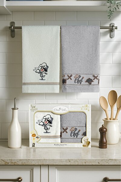 Coton Delux 2'li Mutfak Havlusu - Aşçı Desenli - 40X60 -%100 Pamuklu - Kutulu