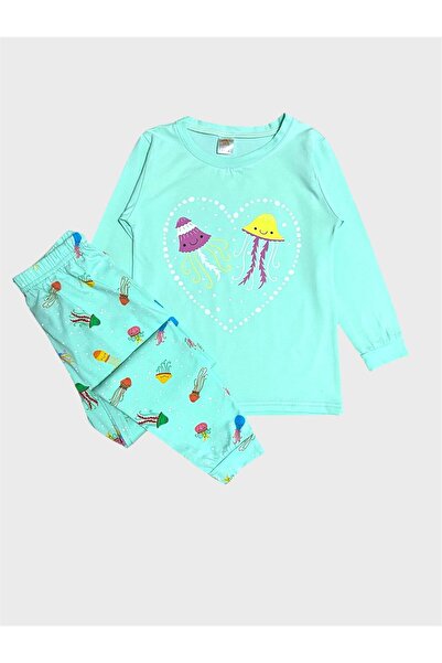 elmas kids Girl's Cotton Water Green Jellyfish Patterned Seasonal Long Sleeve Pajama Set