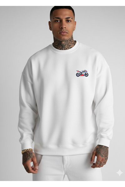 LORVEX Унисекс суитшърт с голям размер и минималистичен цветен принт на мотор