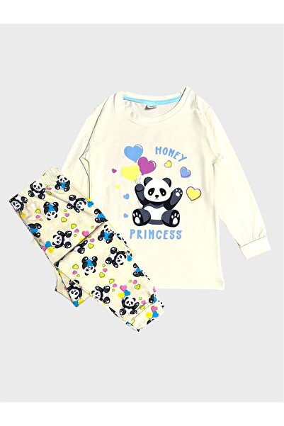 elmas kids Kız Çocuk Pamuklu Sarı Panda Desenli Mevsimlik Uzun Kollu Pijama Takımı