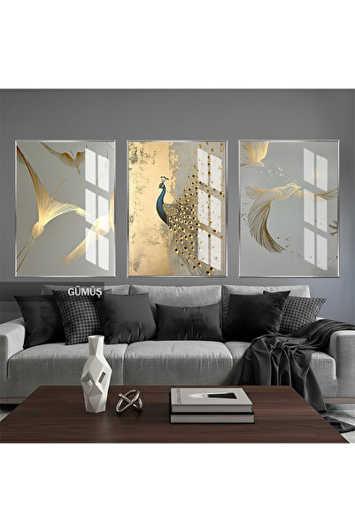 TABLOKÖŞKÜ Golden Wings Altın Kanatlar Temperli Cam Duvar Tablosu 3lü Dikey Set