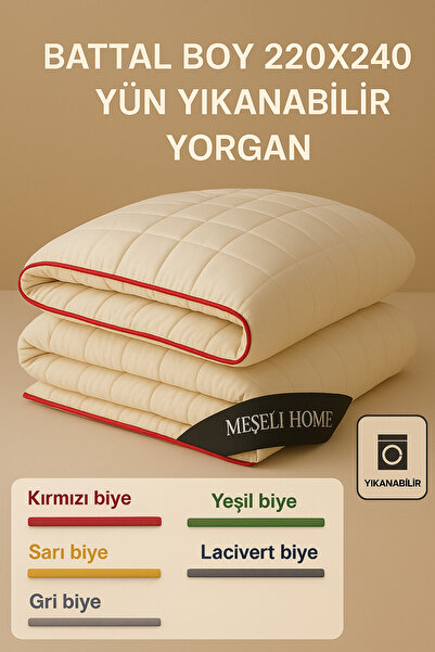 MEŞELİ TEKSTİL Battal Boy İnce Yün Yorgan Biye Detaylı 220x240 cm| Makinada Y...
