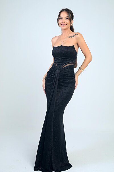 By Saygı Women's Strapless Gathered Front Lined Glitter Long Dress