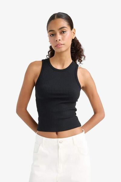 DeFacto εφαρμοστό Λεπτή εφαρμογή στολισμού με λαιμόκοψη κοτλέ πλέξη ριμπ Αθλητικό μπλουζάκι (25 AU)