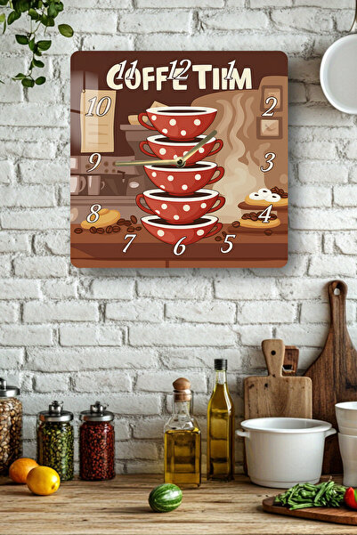 kutuTR Coffee Time Themed Tempered Glass Square Clock 33X33 cm Size Uv Printing - Kcs022