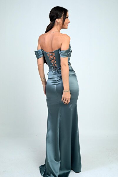 By Saygı Women's Strapless Low Sleeve Lined Underwire Satin Long Dress