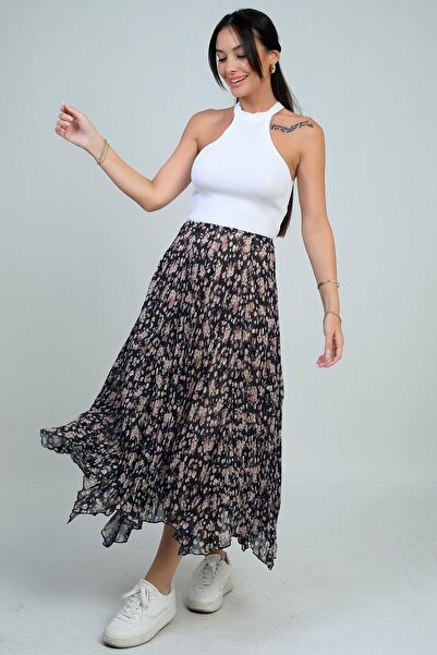 By Saygı Women's Elastic Waist Lined Mini Floral Midi Crinkle Triangle Skirt