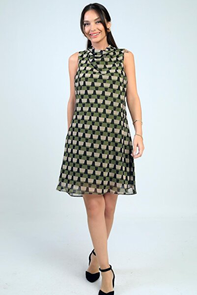 By Saygı Women's Degaje Collar Lined Patterned Short Chiffon Dress