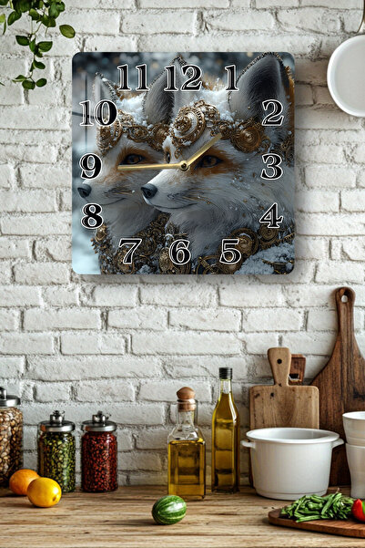 kutuTR Tempered Glass Square Clock with Fox Figure 33X33 cm Size Uv Printing - Kcs009