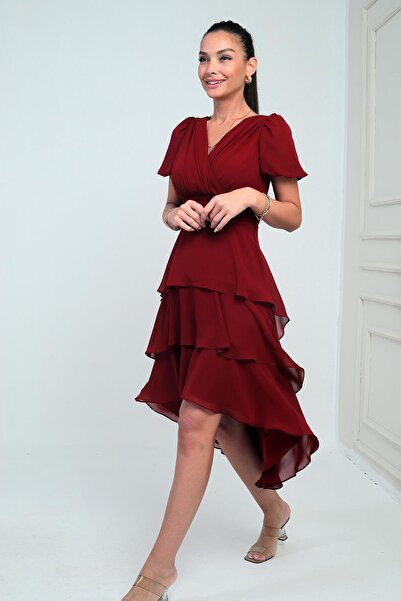 By Saygı Women's Double Breasted Collar Back Zipper Katkat Pleated Chiffon Dress