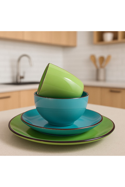 OEM Set vesela 16 piese pentru 4 persoane, Ceramica, design modern, culoare Verde, Bleu