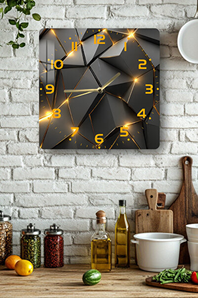 kutuTR Geometric Black and Gold Light Pattern Tempered Glass Square Clock 33X33 cm Size Uv Printing -Kcs017