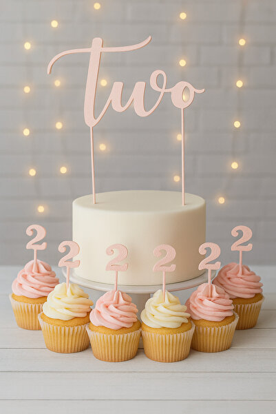 Atolye Doruk Pink 2 Year Old Birthday Cake Topper - Two Cake Lettering - Number 2 Cupcake Picks - Baby Girl Birthday