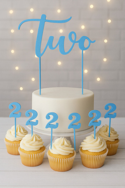 Atolye Doruk Blue 2Nd Birthday Cake Topper - Two Cake Lettering - Number 2 Cupcake Picks - Baby Boy Birthday