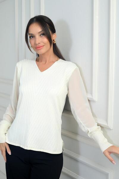 By Saygı Women's Sleeves Chiffon V-Neck Sweater