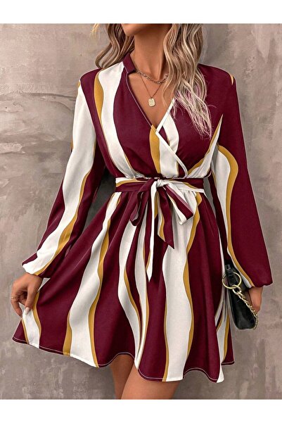 Meleners Women's Long Sleeve Double Breasted Collar Patterned Modal Mini Dress