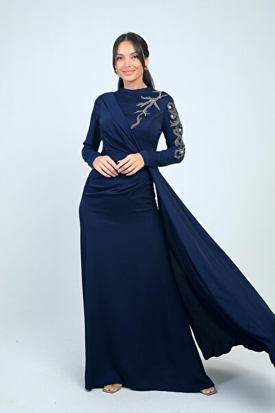 By Saygı Φόρεμα Hijab με Κεντημένο Πέτρινο Κρεπ Σατέν με Φόδρα