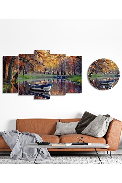 FORONEUS Manzara Desenli dekoratif 5li tablo ve saat seti
