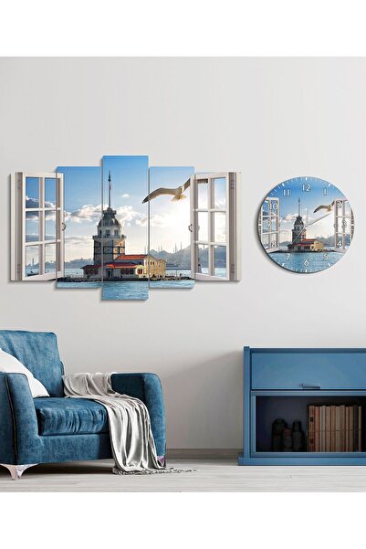 FORONEUS Manzara Desenli dekoratif 5li tablo ve saat seti