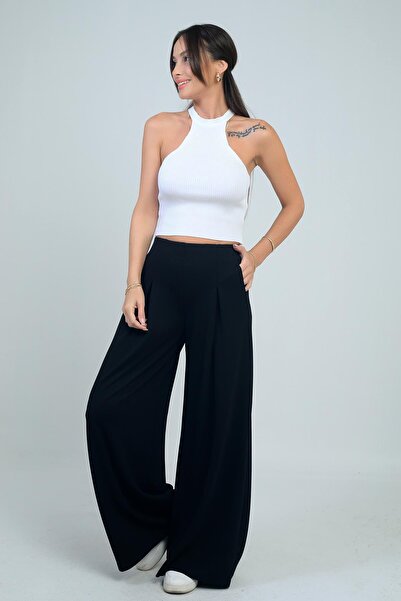 By Saygı Women's Elastic Waist Pocketed Pleated Front Wide Leg Pants