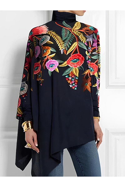 Moda Ebrar Eyesof Women's Long Sleeve Turtleneck Asymmetrical Cut Micro Blouse