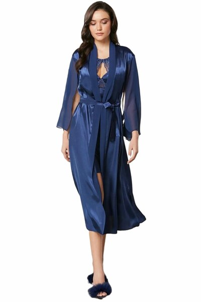 Pierre Cardin Satin Lace Nightgown and Dressing Gown Set 4375 Navy Blue