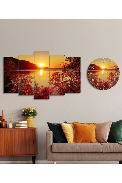 FORONEUS Manzara Desenli dekoratif 5li tablo ve saat seti