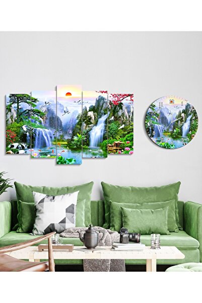 FORONEUS Manzara Desenli dekoratif 5li tablo ve saat seti