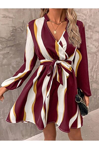 Meleners Women's Long Sleeve Double Breasted Collar Patterned Modal Mini Dress