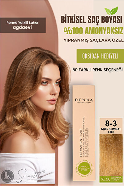 Renna AMONYAKSIZ Bitkisel Yıpranmış Saçlar İçin Saç Boyası 8-3 Açık Kumral Dore 60ml