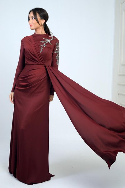 By Saygı Stone Embroidered Front Gathered Lined Crepe Satin Hijab Dress