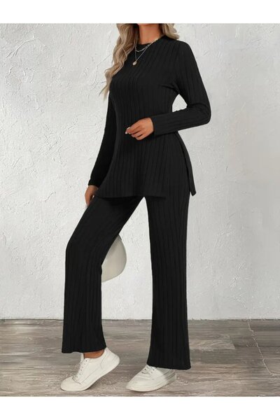 Ekince Women's Long Sleeve Crew Neck Side Slit Ruched Camisole Blouse and Pants Two-Piece Set