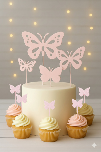 Atolye Doruk Pink Butterfly Birthday Cake Topper-Cake Toothpick -Butterfly Birthday, Baby Shower Party