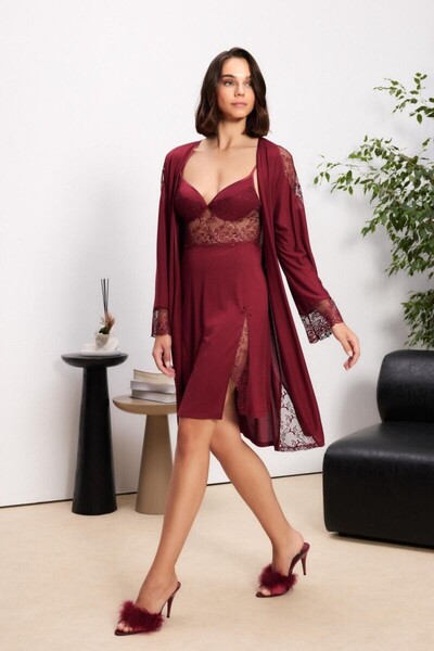 Pierre Cardin Bordo 6'lı Modal Gecelik Sabahlık Çeyiz Seti 5000