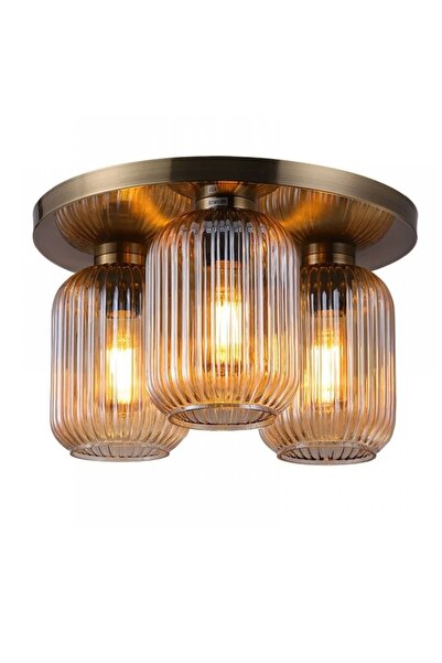 demet habek mylights Mat Altın Eskitme Kaplama Gövde 40 cm 3lü Üçlü Bal Cam Tavan Avize