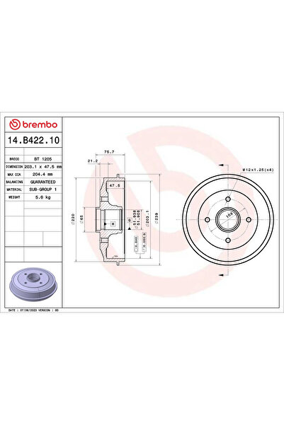 Brembo Tambur Frana Citroen C-Elysee/C3 2/C4 Cactus Ds Ds 3