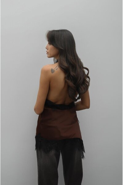 Havoş Brown Lace Embroidered Satin Blouse