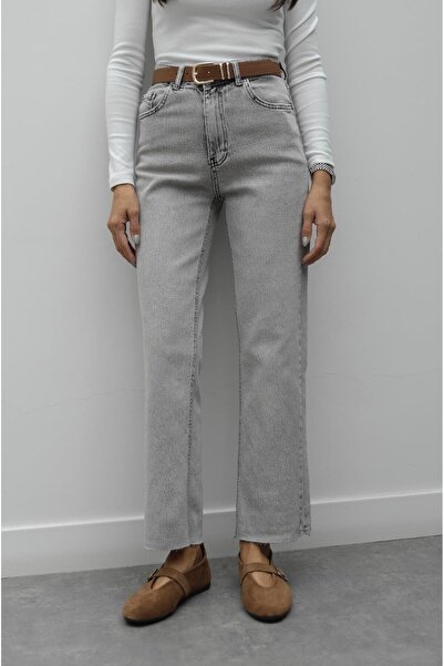 Havoş Light Gray Flared Hem Belted Jeans