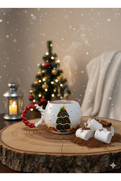 SeraCEY Knitted Handle Bubble Special Embossed Christmas Red Color Tree Patterned Handmade Ceramic Mug